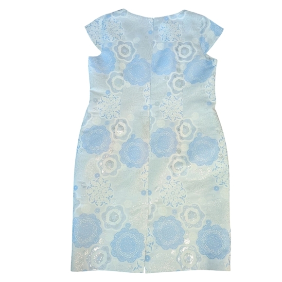 Nassini Milano Cap Sleeve V Neck Elegant Blue/ White/Silver Floral Sheath Dress - Picture 4 of 10